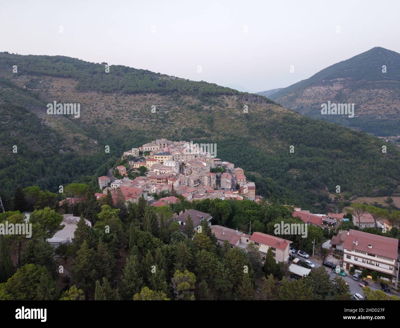 Small mountain village Lenola, aerial view at sunrise, located near Fondi, Latina, Italy Stock Photo