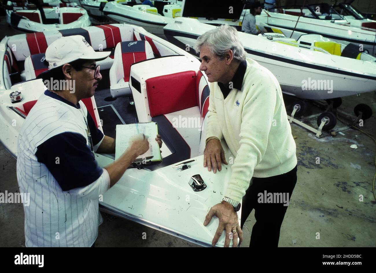 New Braunfels Texas USA, circa 1987 Glastron, Inc. president talks to