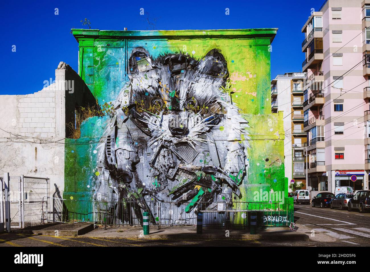 Lisbon, Portugal - July 23, 2017: a view of the street art instalation Big Raccoon, created by Bordalo II Stock Photo