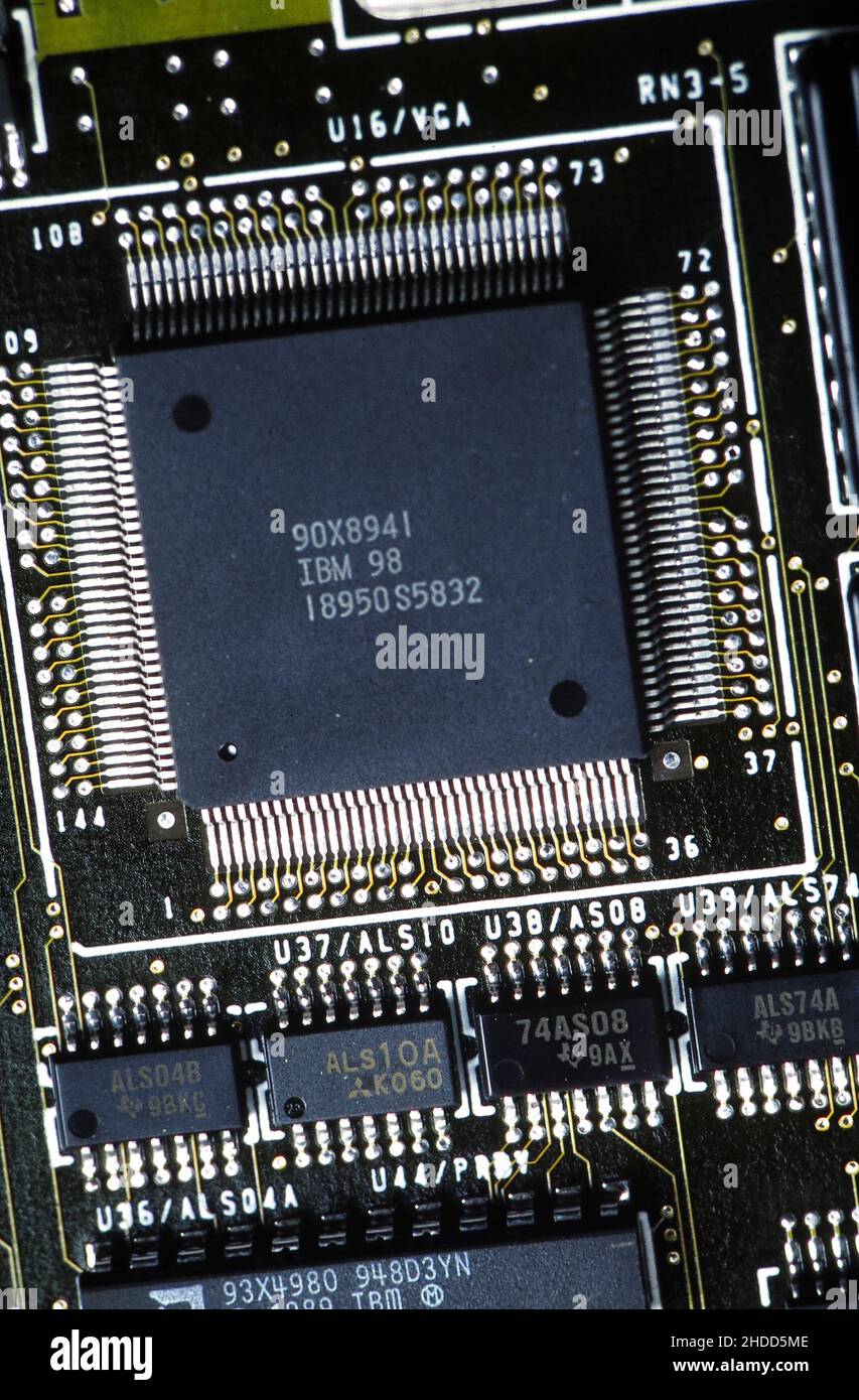 Austin Texas USA, 1991: High-tech computer motherboard made by IBM with miniature circuits. ©Bob Daemmrich Stock Photo