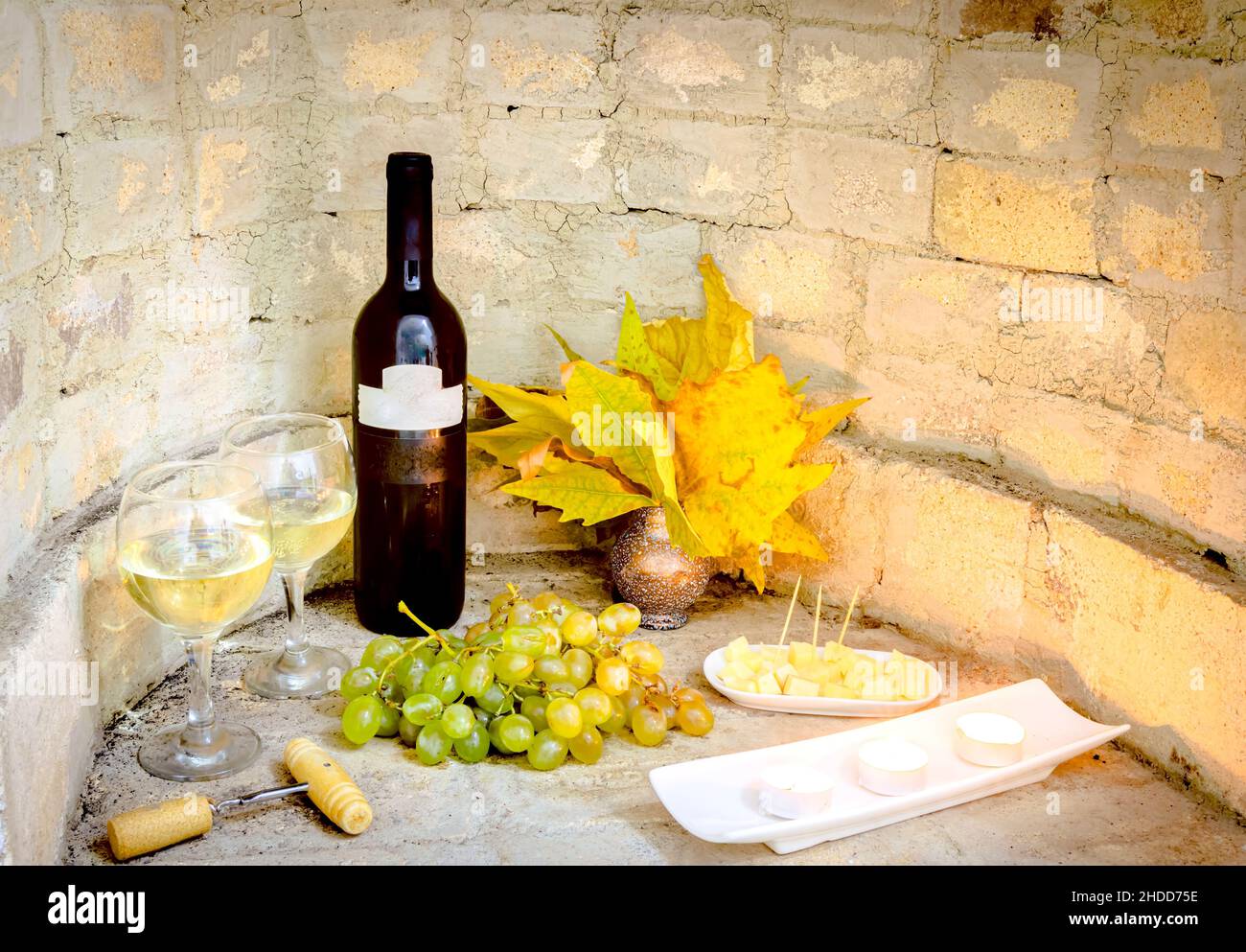 Georgian red wine bottle set up with glasses of wine with autumn props