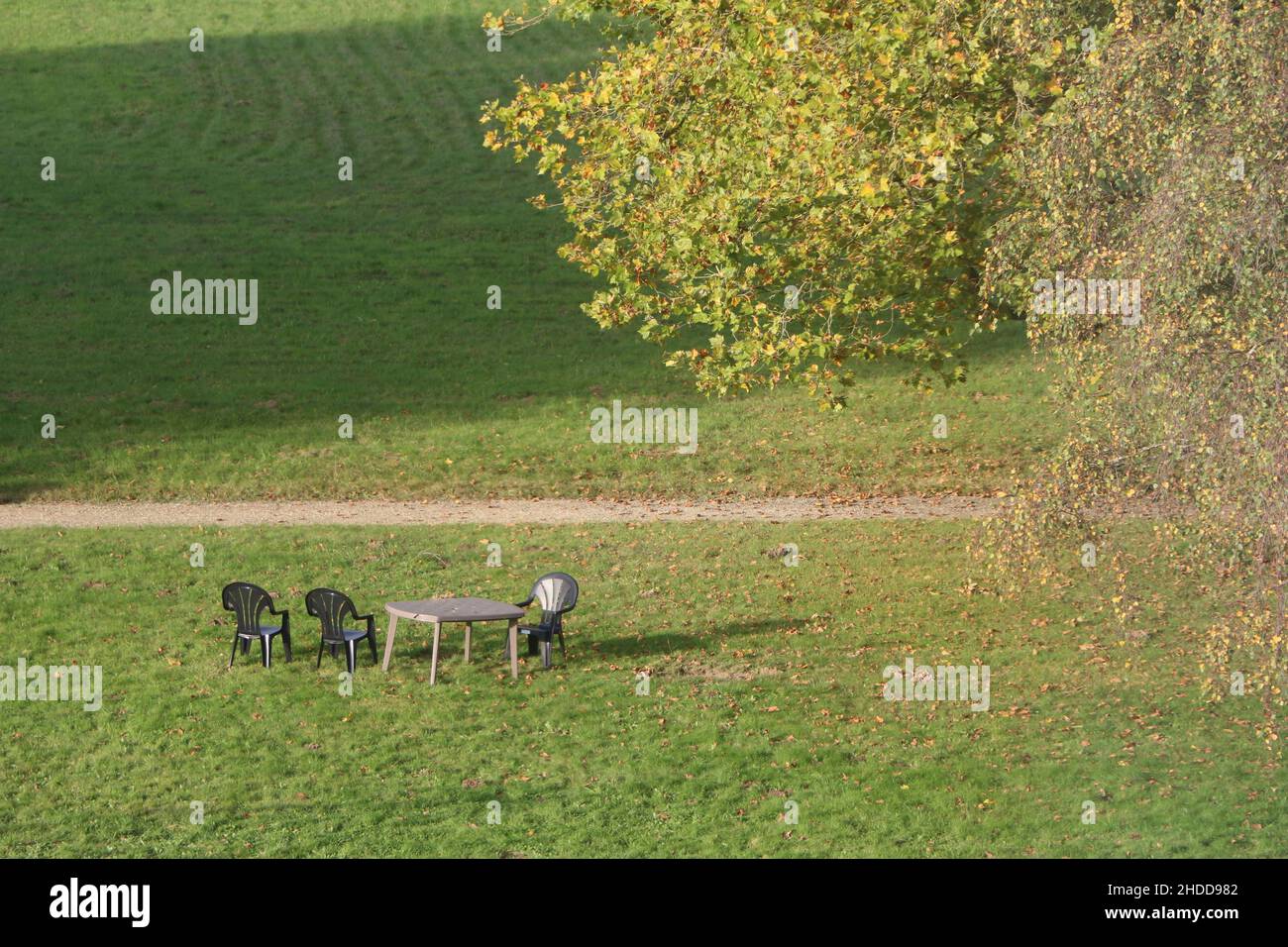 Aerial view of a table with chairs on the lawn in the park Stock Photo