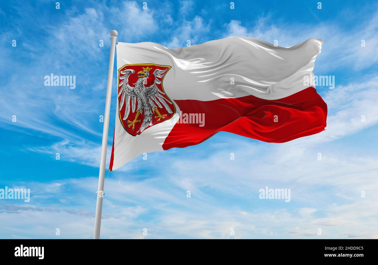 flag of Frankfurt am Main at cloudy sky background on sunset, panoramic