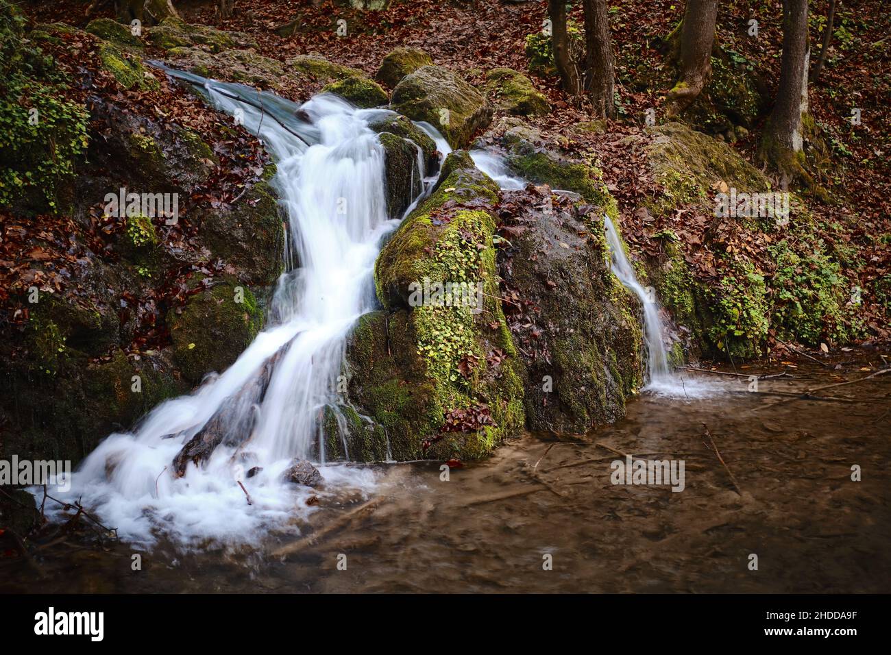 A waterfall falling from the rock in the forest Stock Photo - Alamy