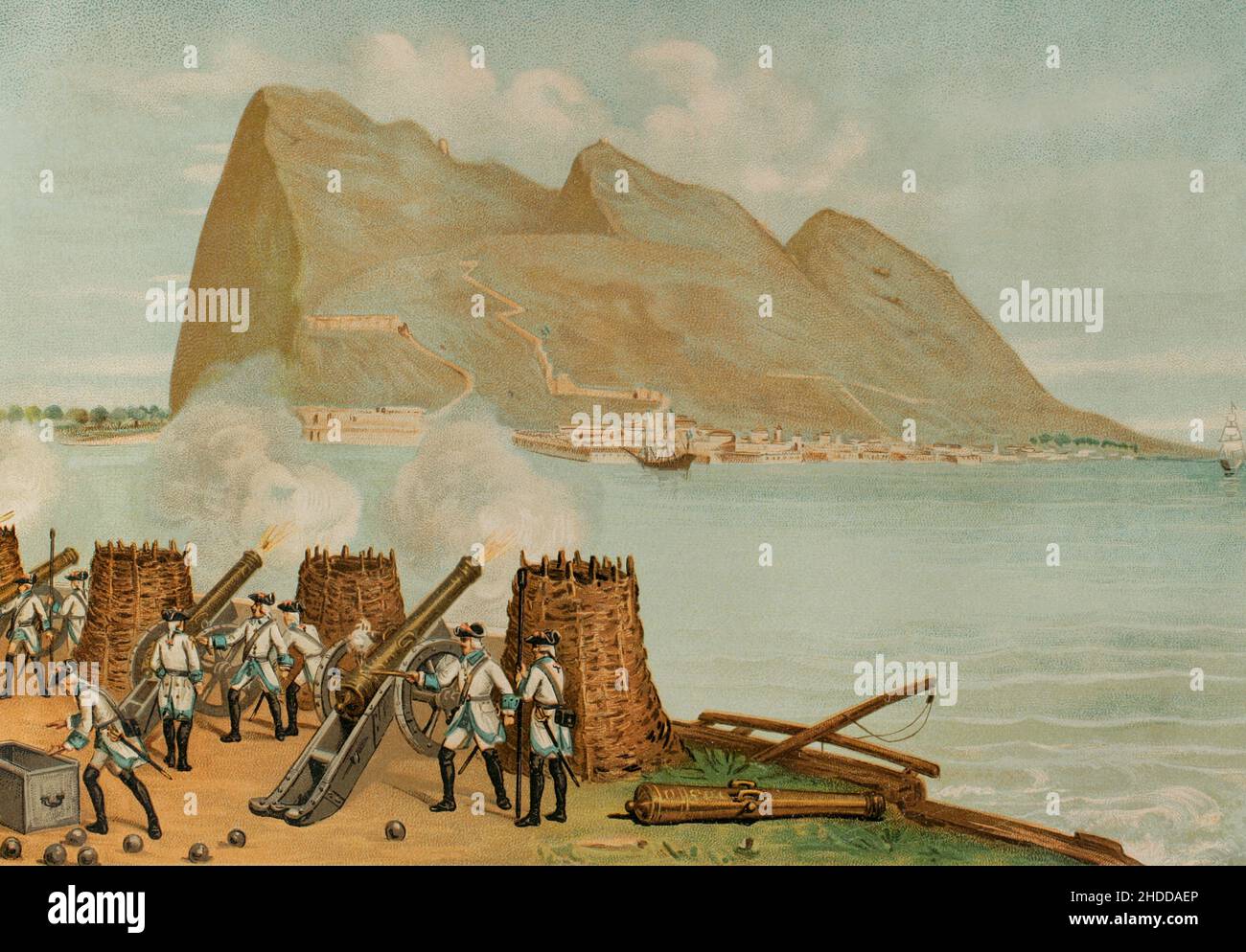 History of Spain. 18th century. Illustration depicting one of the sieges of Gibraltar. Spanish troops trying to recover the territory taken by the Anglo-Dutch coalition in 1704. Unsuccessful siege of Gibraltar. Chromolithography. 'Historia General de España' (General History of Spain), by Miguel Morayta. Volume V. Madrid, 1891. Stock Photo