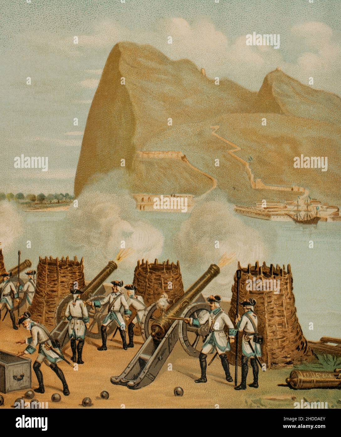 History of Spain. 18th century. Illustration depicting one of the sieges of Gibraltar. Spanish troops trying to recover the territory taken by the Anglo-Dutch coalition in 1704. Unsuccessful siege of Gibraltar. Chromolithography, detail. 'Historia General de España' (General History of Spain), by Miguel Morayta. Volume V. Madrid, 1891. Stock Photo