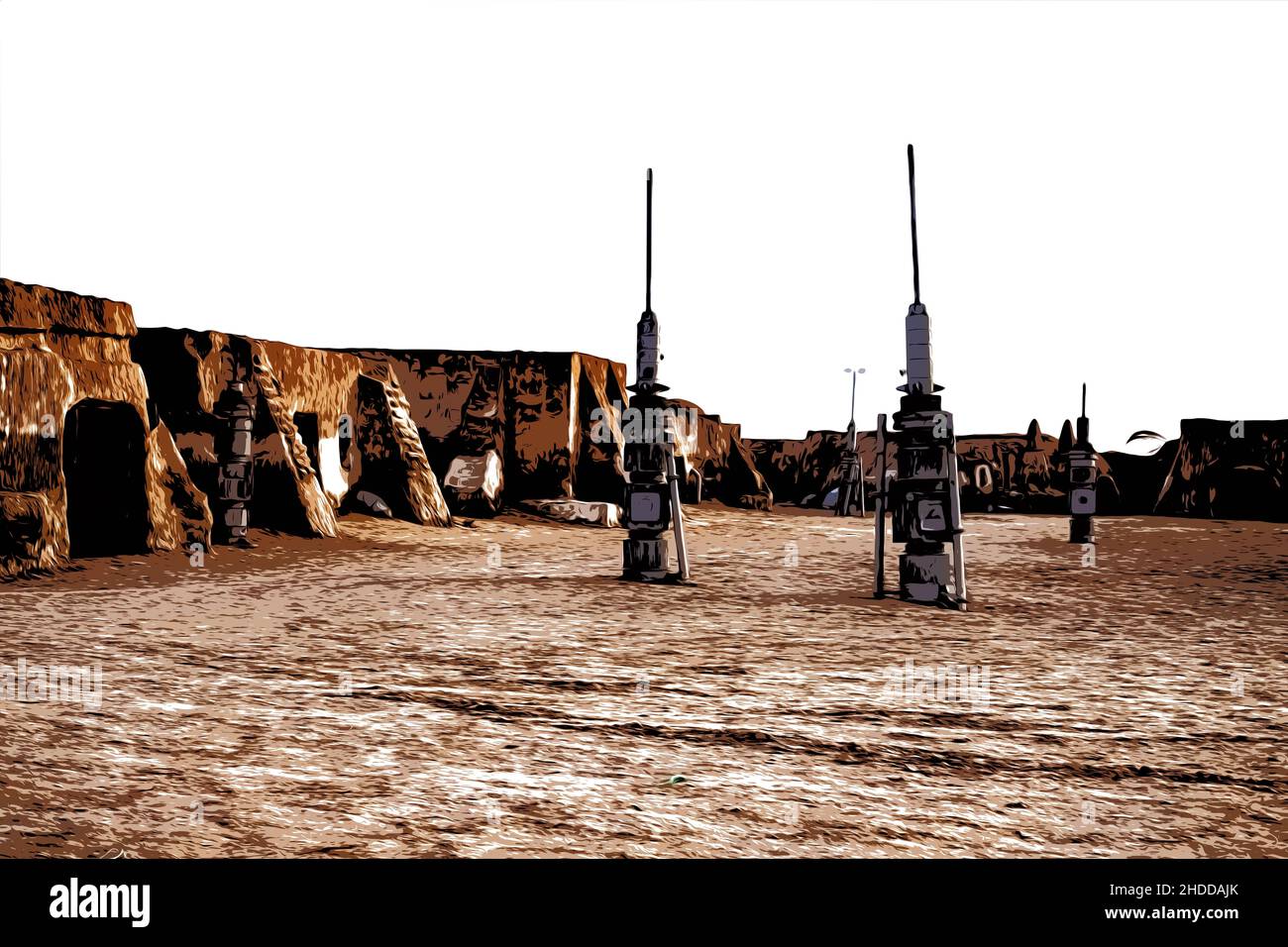 Illustration abandoned scenery of the planet Tatooine for the filming of Star Wars in the Sahara Desert Stock Photo