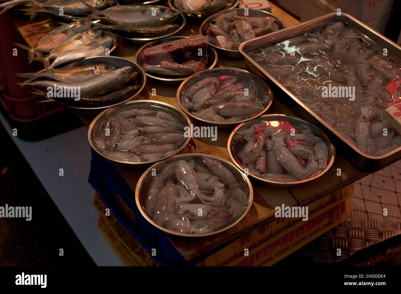 Squid and various fish are displayed in containers of ice water at a seafood stall in Hong Kong. Stock Photo