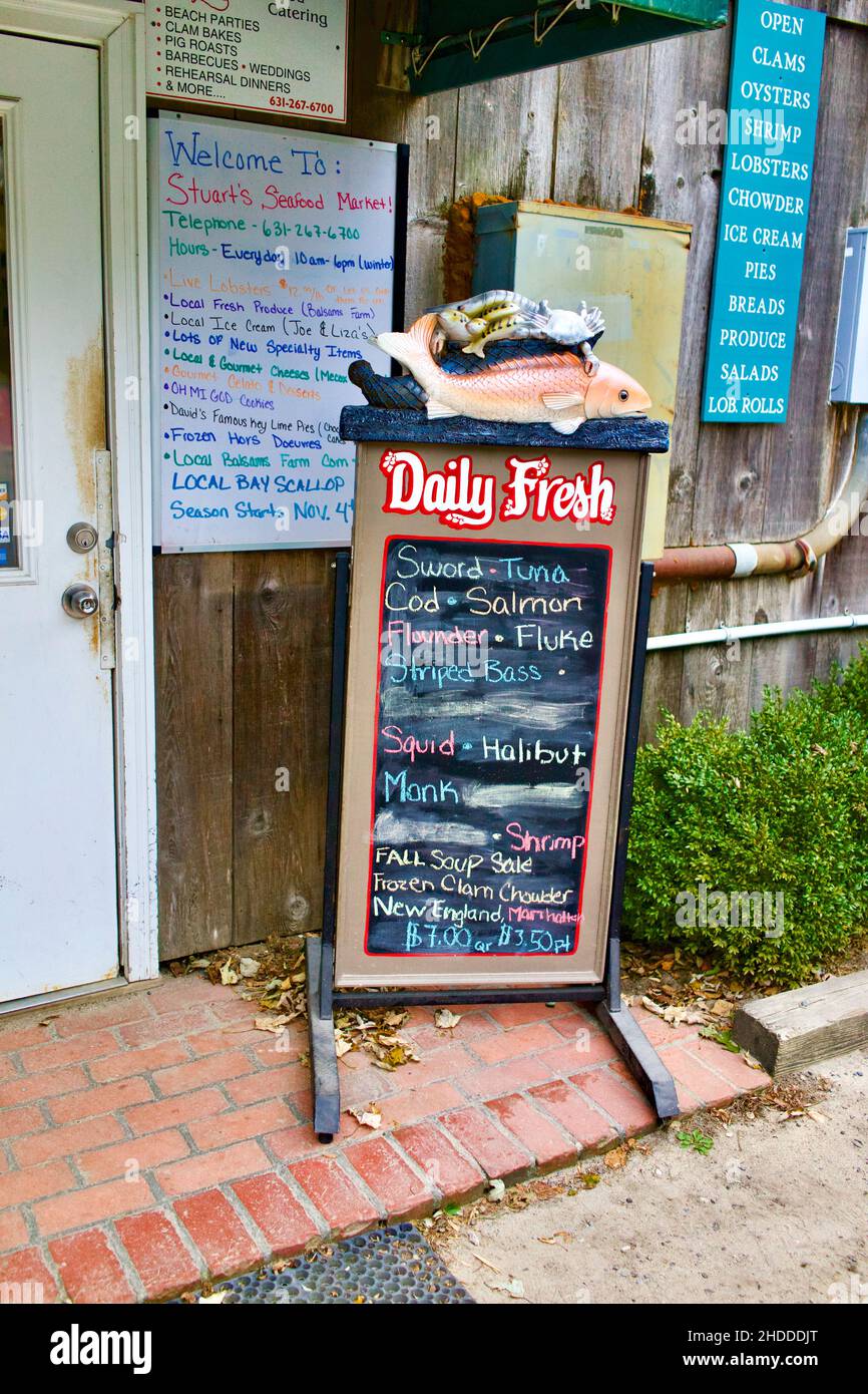 Daily Fresh local fish market in the Hamptons, NY, USA. Outside with