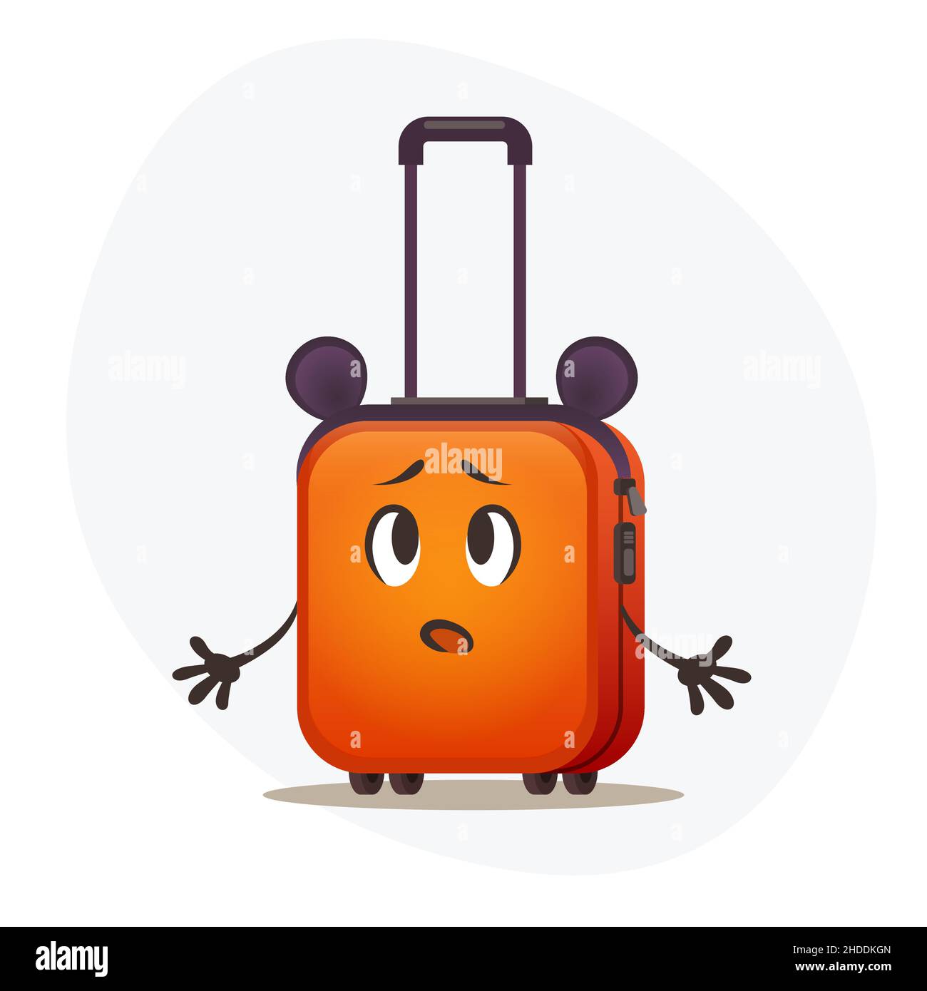 Small childish orange plastic suitcase on wheels don't know what to do Stock Vector