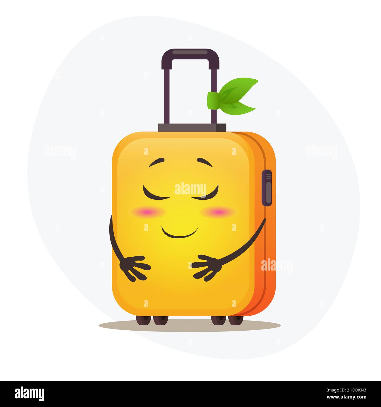 Confused big yellow suitcase on wheels and postmarks on plastic corpus dreaming about vacation Stock Vector