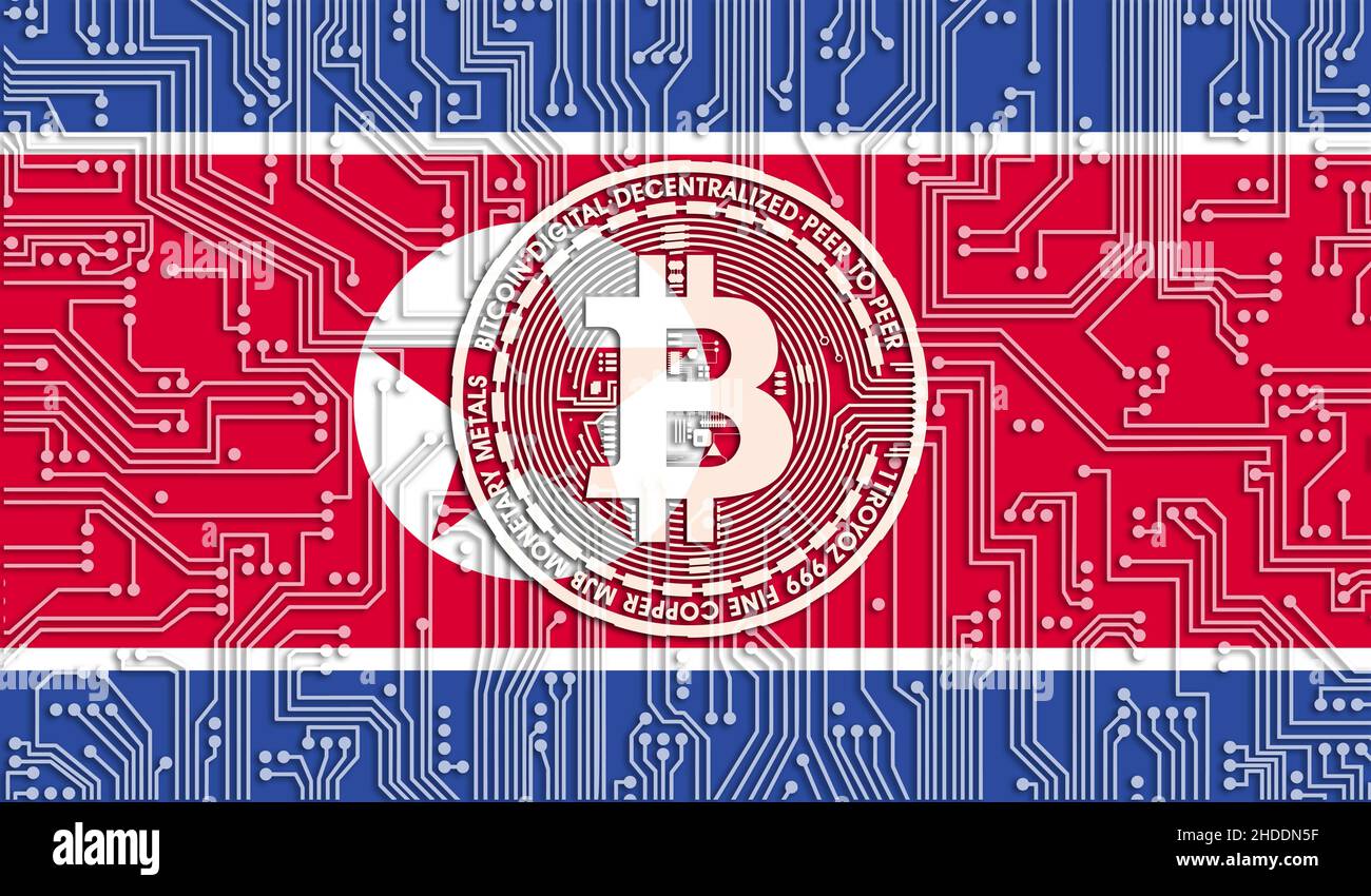 flag of Korea North and bitcoin, Integrated Circuit Board pattern. Bitcoin  Stock Growth. Conceptual image for investors in cryptocurrency and Blockcha  Stock Photo - Alamy