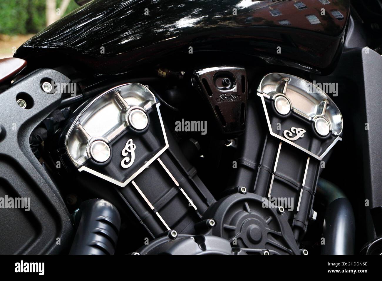 Close up of black Indian Scout motorcycle liquid-cooled 1133cc V-Twin Engine Stock Photo