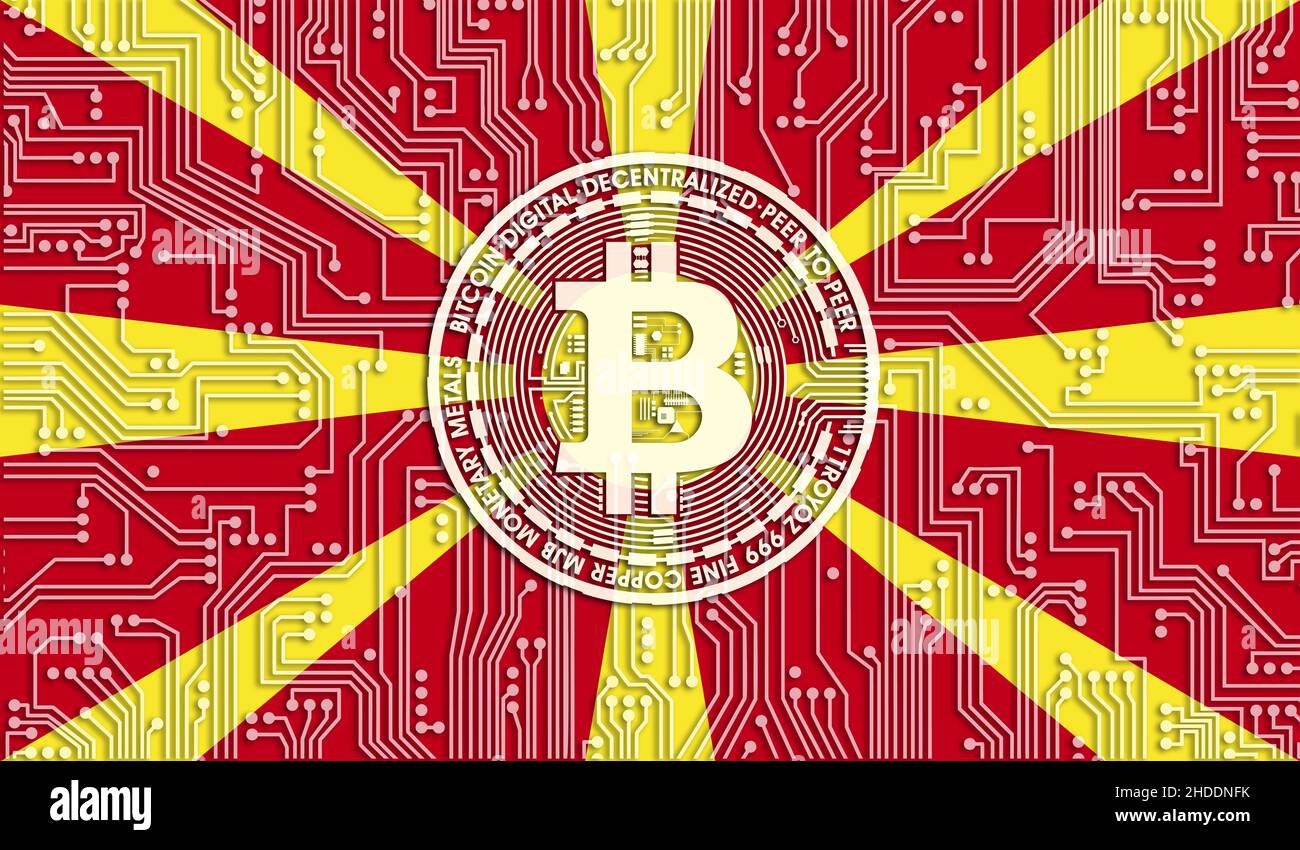 flag of Macedonia and bitcoin, Integrated Circuit Board pattern. Bitcoin  Stock Growth. Conceptual image for investors in cryptocurrency and  Blockchain Stock Photo - Alamy