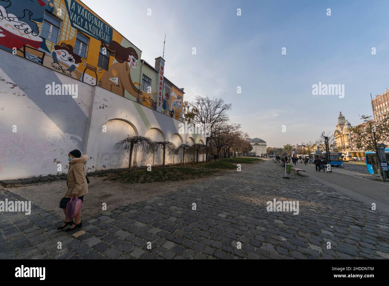 Budapest, Hungary. People passing near a street painting on Károly körút in central Budapest. Stock Photo
