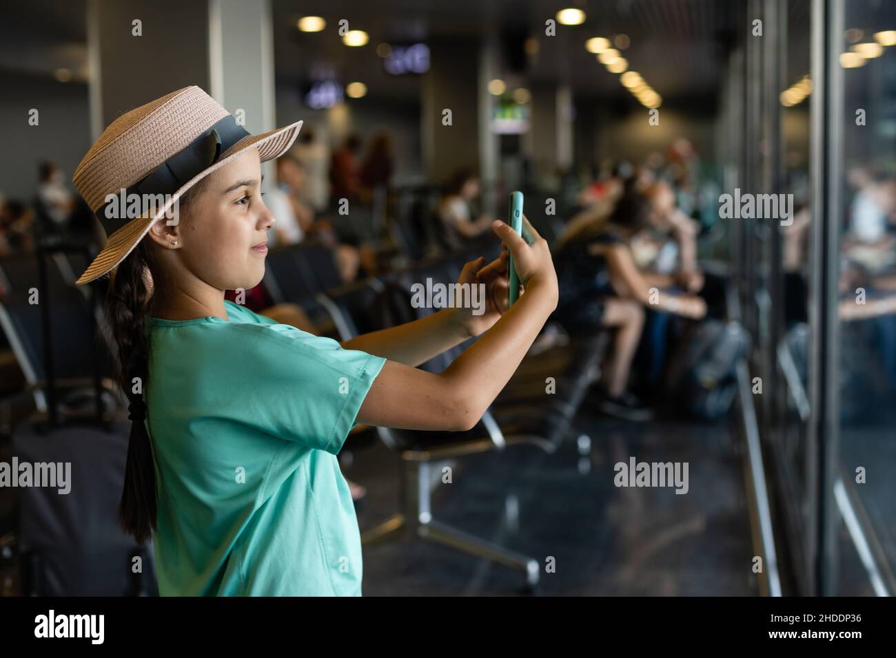 little girl with suitcase travel in the airport, kids travel Stock