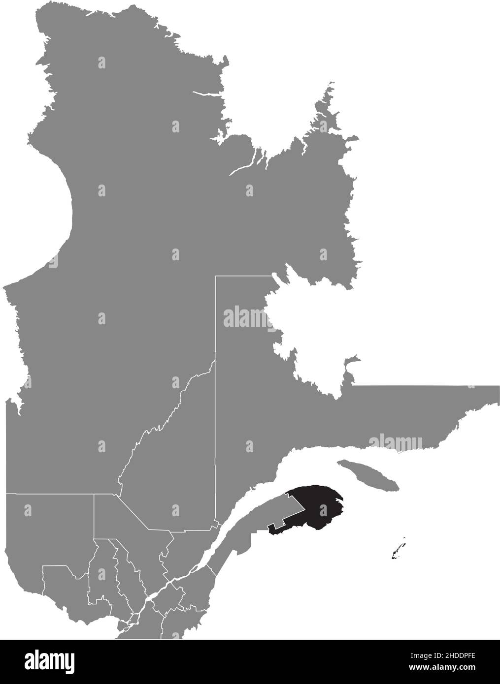Black flat blank highlighted location map of the GASPESIE–ÎLES-DE-LA-MADELEINE Region inside gray administrative map of the Canadian province of Quebe Stock Vector