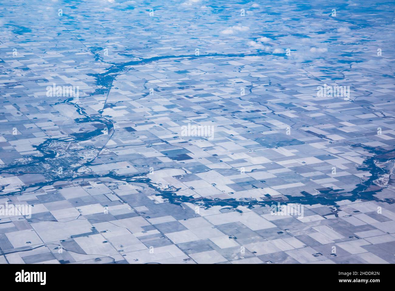 Aerial view of Humbolt, Iowa isolated buy the frozen tundra and cropland in the winter. Stock Photo