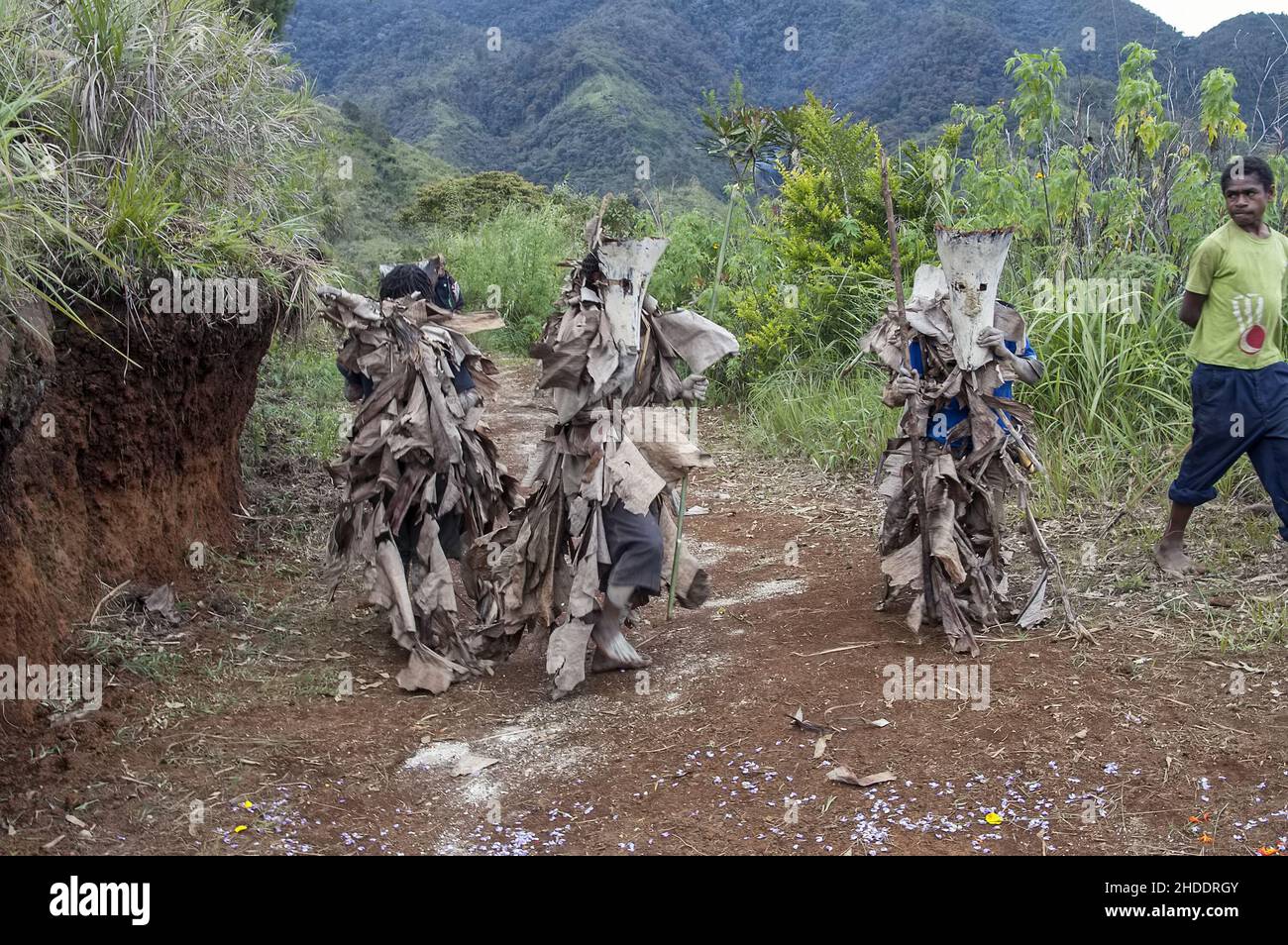 Papua New Guinea; Eastern Highlands; Goroka; Namta; Papuans wearing masks perform a ritual dance. Papuas in Masken vollführen einen rituellen Tanz. Stock Photo