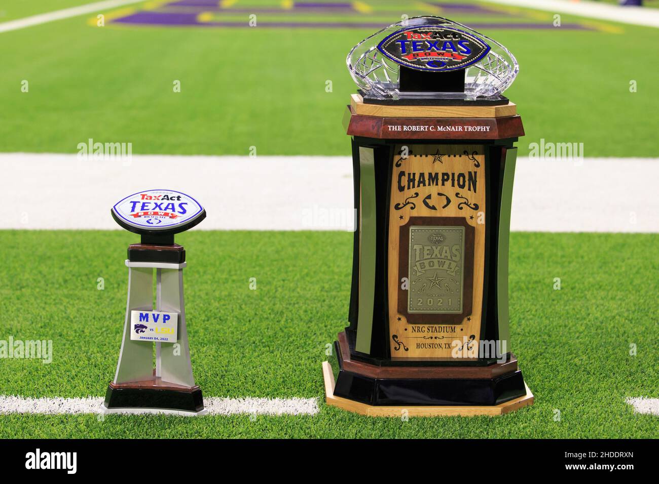 The MVP and Championship trophy during the TaxAct Texas Bowl, Wednesday, Jan. 5, 2022, in Houston, Texas. Kansas State Wildcats defeated LSU Tigers 42 Stock Photo