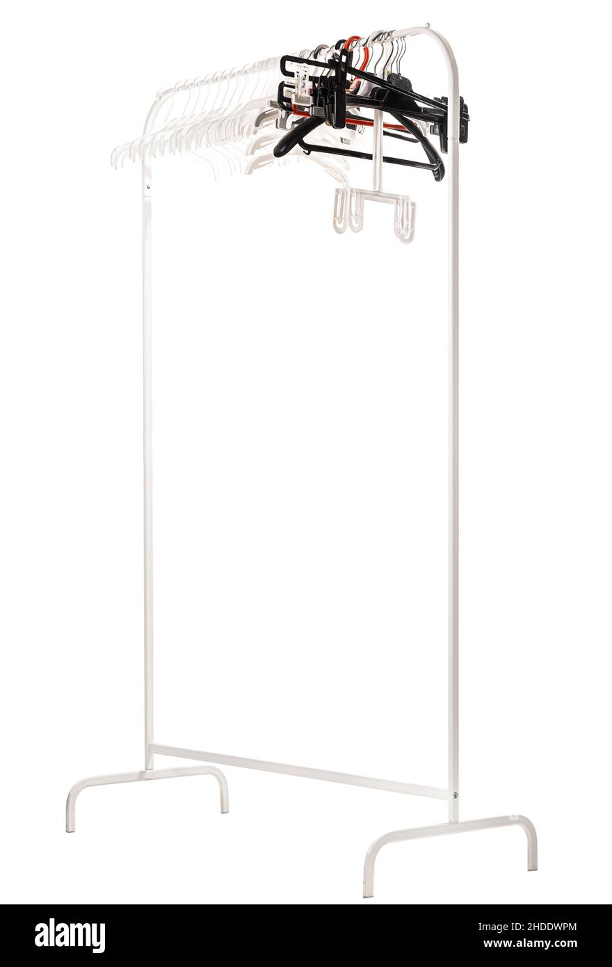 Plastic hangers for clothes hanging on rod from clothing rack. Isolated