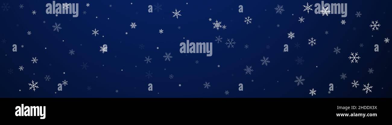 Sparse snowfall Christmas background. Subtle flying snow flakes and stars on dark blue background. Bold winter silver snowflake overlay template. Outs Stock Vector