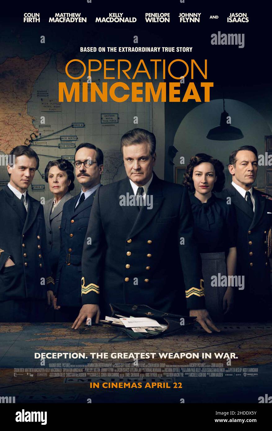 RELEASE DATE: January 6, 2022. TITLE: Operation Mincemeat. STUDIO: Archery Pictures. DIRECTOR: John Madden. PLOT: During WWII, two intelligence officers use a corpse and false papers to outwit German troops. STARRING: Johnny Flynn, Penelope Wilton, Matthew Macfadyen, Colin Firth, Kelly Macdonald, Jason Isaacs poster art. (Credit Image: © Archery Pictures/Entertainment Pictures) Stock Photo
