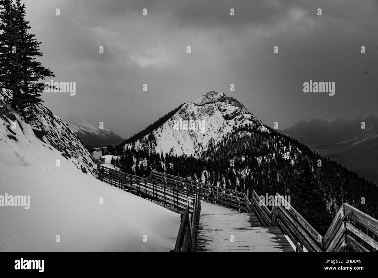 Banff, Canada - Dec. 21 2021: Panorama view from  the Sulfur Mountain Trail in Banff Alberta Stock Photo