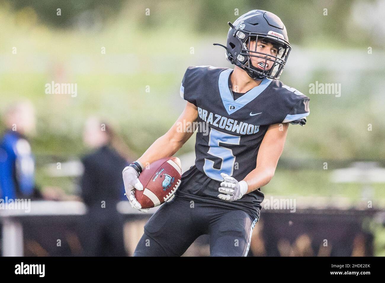 August 27, 2021: Brazoswood's Cole Hagan (5) scores a touchdown after catching a pass in a Texas University Interscholastic League (UIL) high school football game between the Santa Fe Indians and the Brazoswood Buccaneers at Hopper Field in Freeport, Texas. Prentice C. James via CSM Stock Photo