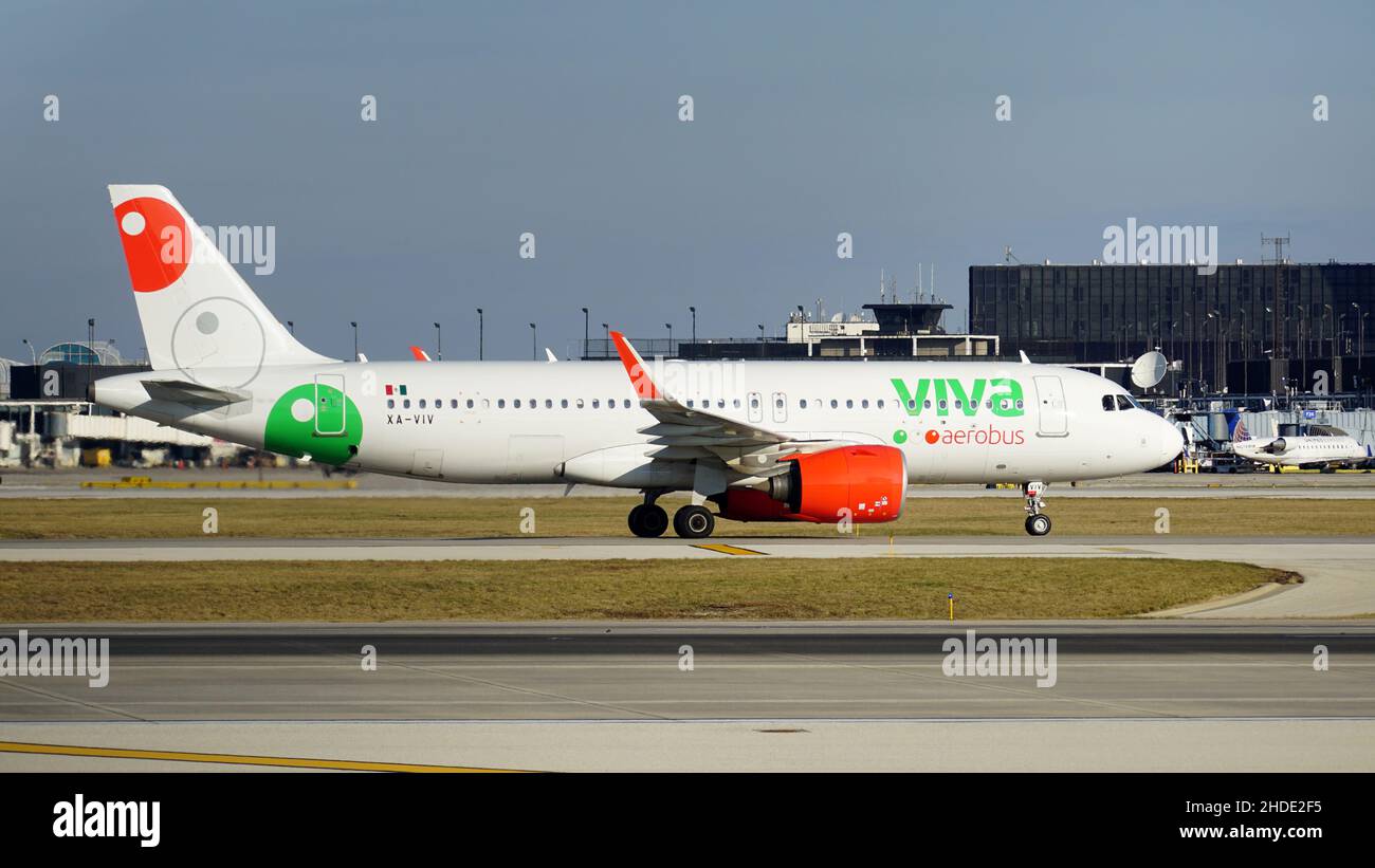Viva Aerobus Airbus A320 taxis on the runway after landing at Chicago O