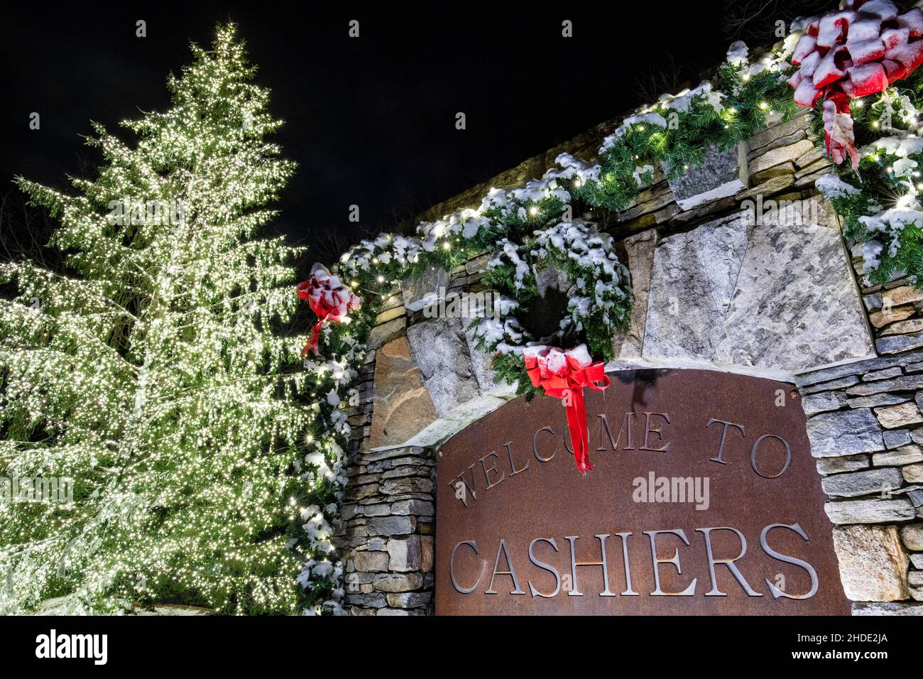 to Cashiers sign on The Village Green at Christmas Cashiers