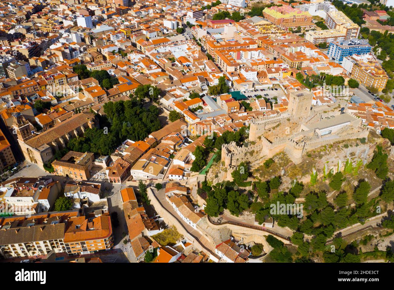 Fly over Almansa castle. City of Almansa. Spain Stock Photo
