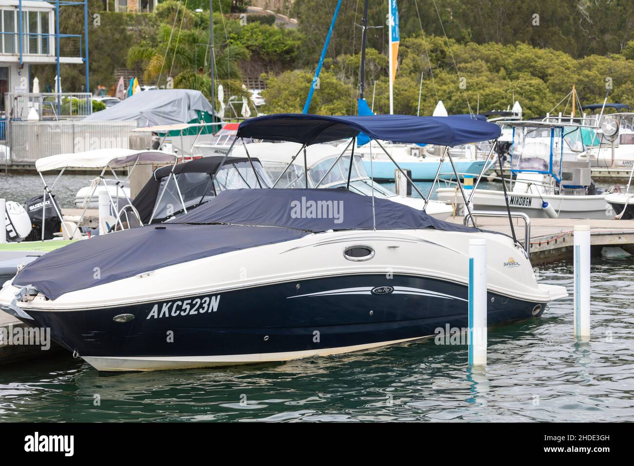 Sea Ray sundeck boat berthed at a marina on pittwater Sydney with canvas covers in place on this sports bowlder boat,NSW,Australia Stock Photo