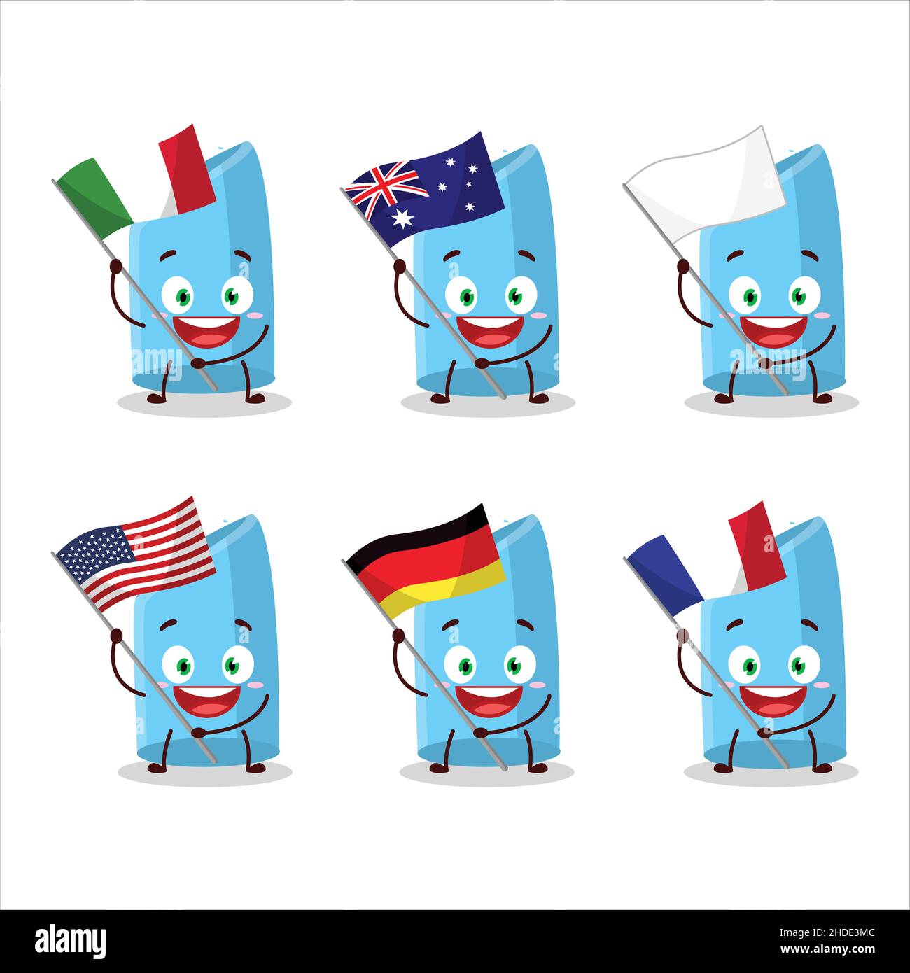 Blue Chalk Cartoon Character Bring The Flags Of Various Countries Vector Illustration Stock 