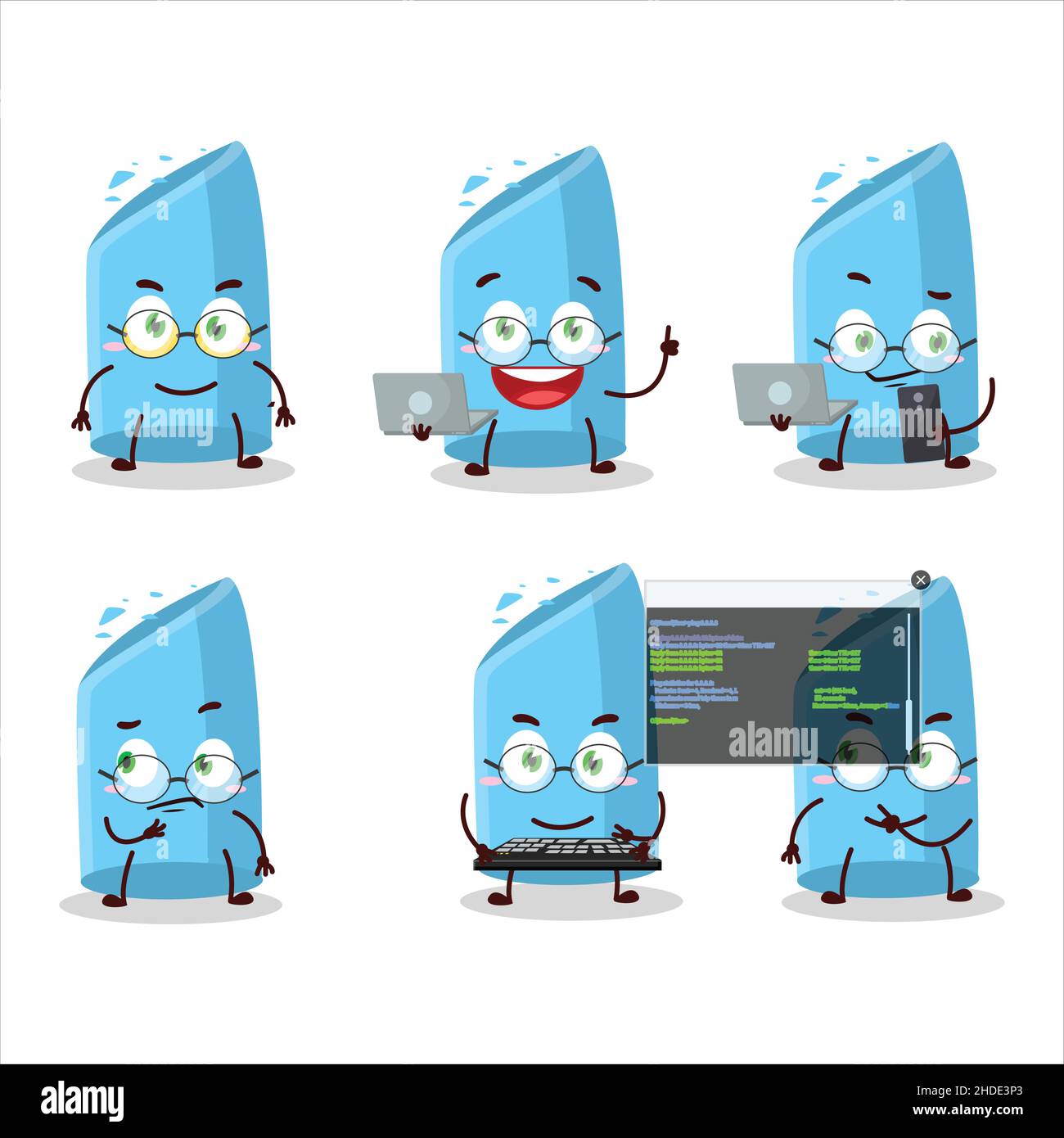 Blue chalk Programmer cute cartoon character with. Vector illustration ...