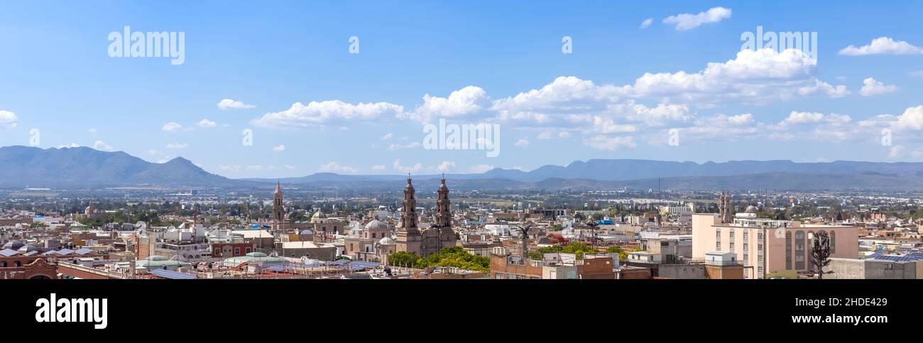Central Mexico, Aguascalientes. Panoramic view of colorful streets and colonial houses in historic city center near Cathedral Basilica, one of the main city tourist attractions. Stock Photo