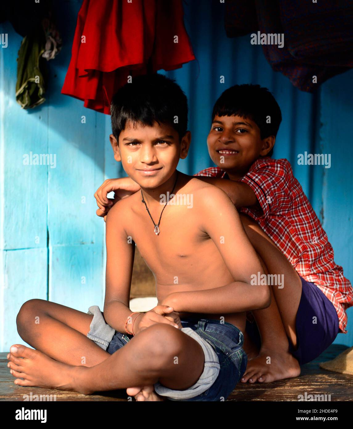 Indian boys in Saat Raasta Dhobi ghat in Mumbai, India. Stock Photo