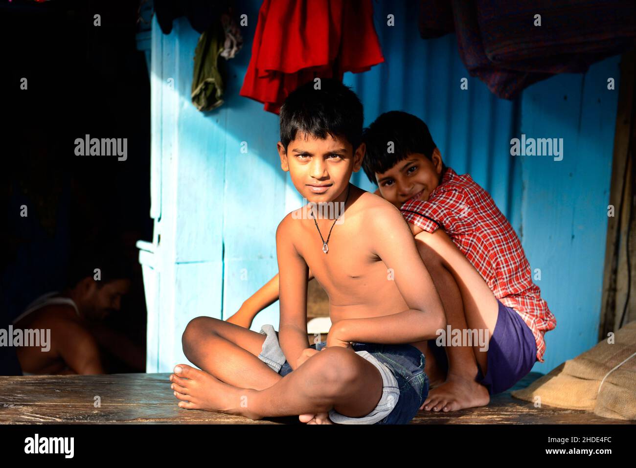 Indian boys in Saat Raasta Dhobi ghat in Mumbai, India. Stock Photo