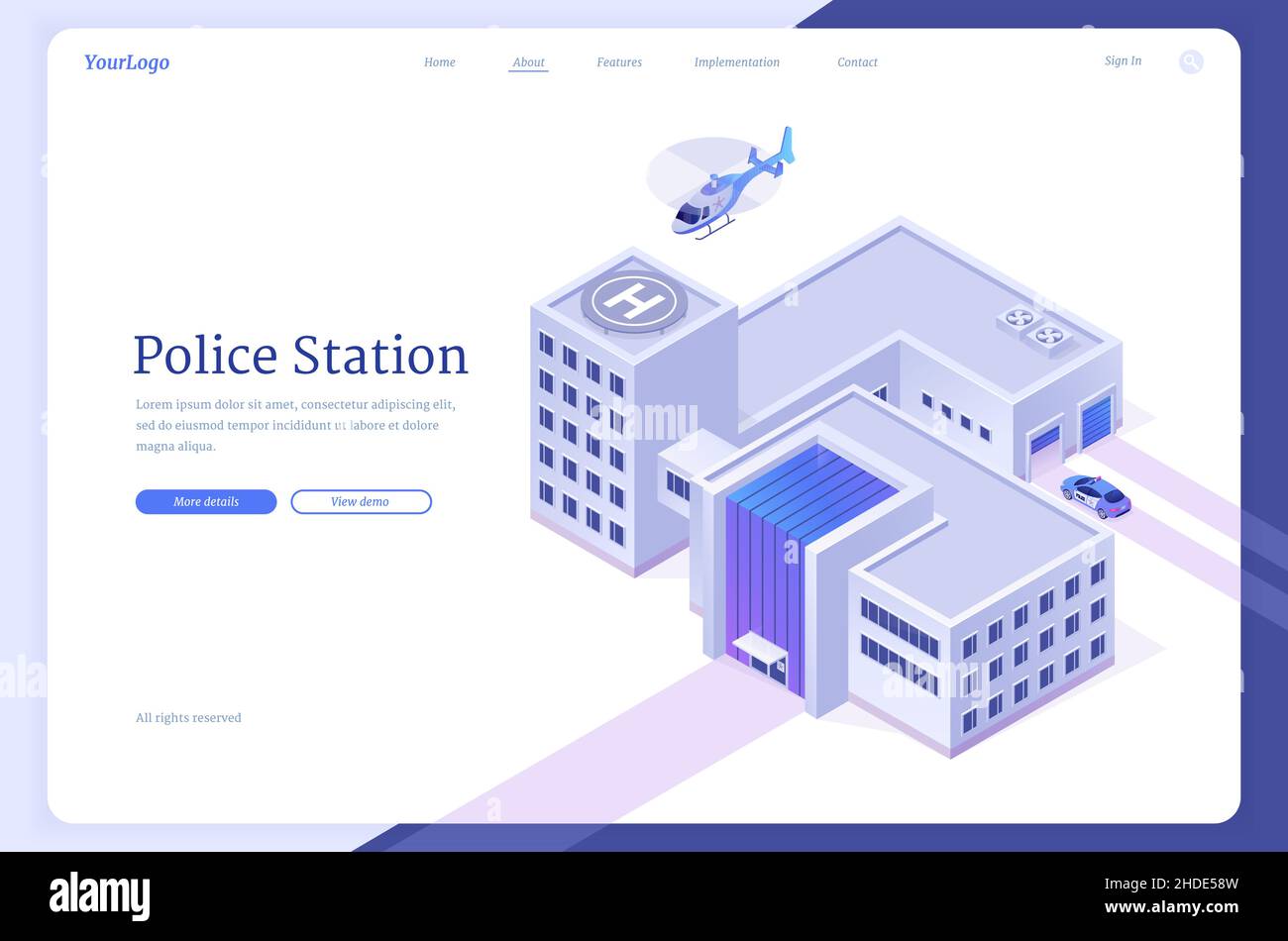 Police station banner with building facade, patrol car and chopper. Vector landing page of policeman department office with isometric illustration of precinct house and helicopter Stock Vector