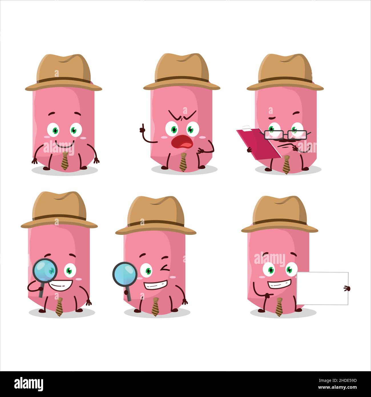 Detective pink chalk cute cartoon character holding magnifying glass ...