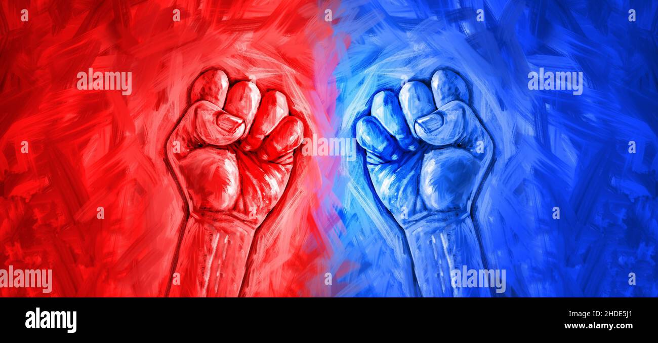 Politics concet and election campaign fight as right and left political ideology represented by two boxing politician fists fighting for for a vote. Stock Photo