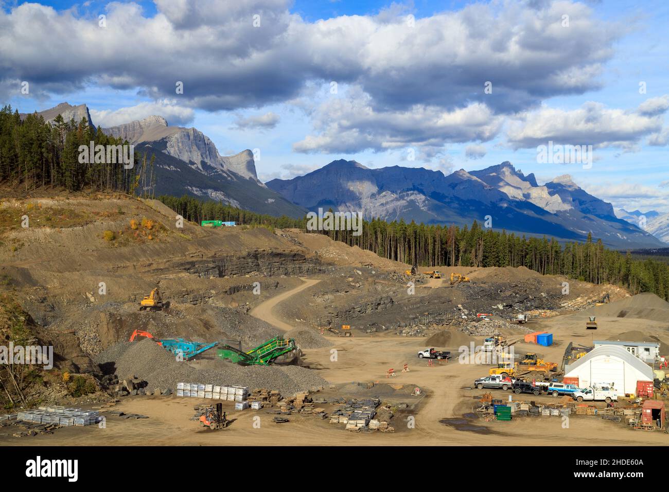 Rock quarry producing Rundle Rock a beautiful, flat and easy to use natural stone that originates in the great Canadian Rocky Mountains. Rich in chara Stock Photo