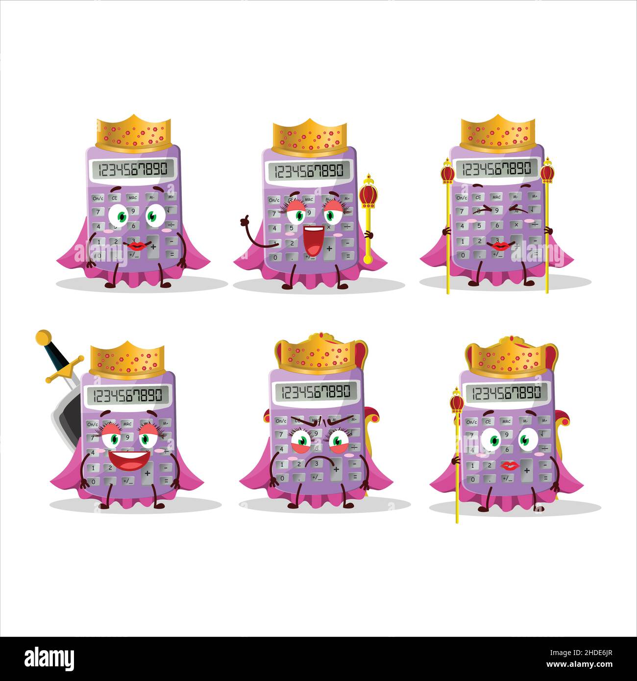 Queen and her magic clothes cartoon of purple calculator wearing tiara. Vector illustration Stock Vector