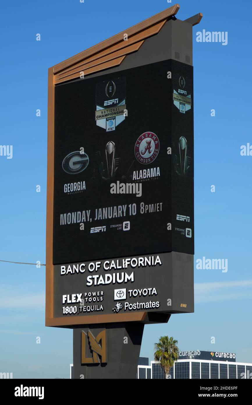 An ESPN advertisement promoting the College Football Playoff National Championship game between the Georgia Bulldogs and the Alabama Crimson Tide on t Stock Photo