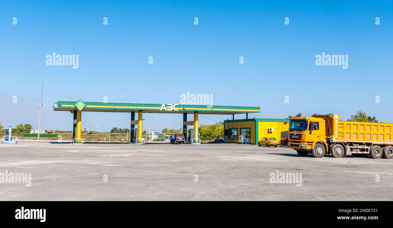 Gas station painted in National Kazakh colors, near Astana, Nur-Sultan, Kazakhstan, central Asia Stock Photo
