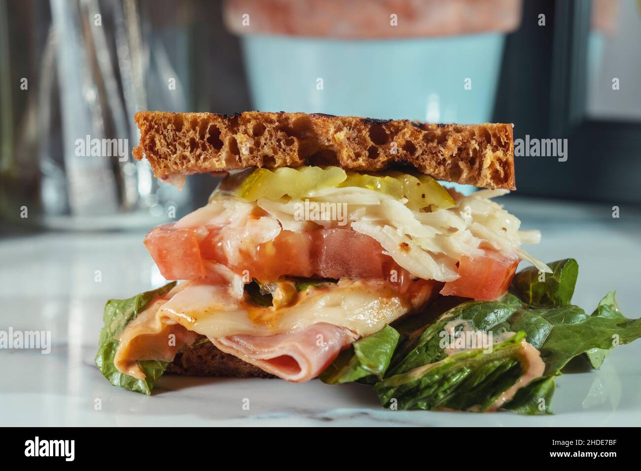 Toasted reuben ham sandwich with cole slaw and thousand island dressing Stock Photo