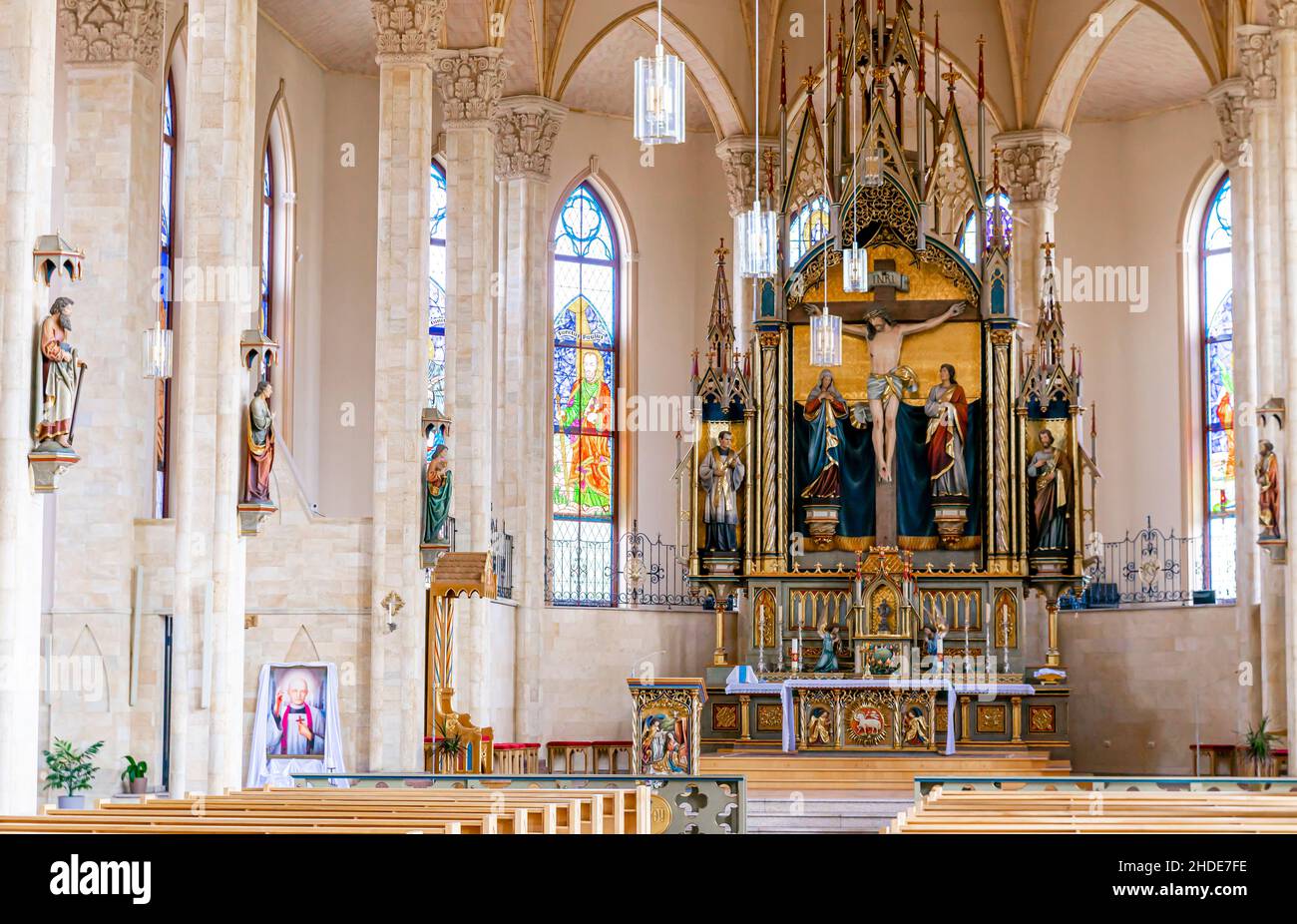 Interior of Roman Catholic Cathedral of Our Lady of Fatima, Karaganda, Kazakhstan, Central Asia. Inside the Karagandy Catolic cathedral. Stock Photo