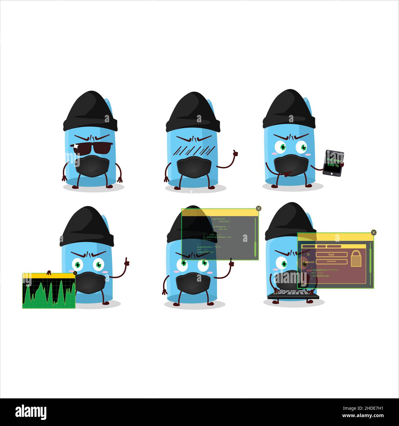 A Hacker blue chalk character mascot with. Vector illustration Stock Vector