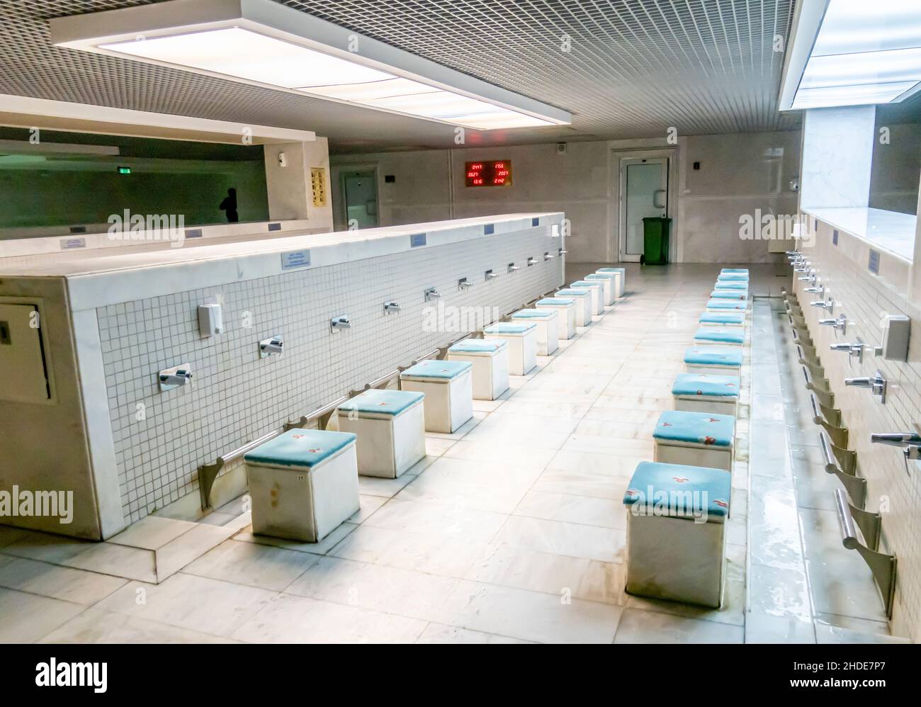 Tiled bathroom for washing feet in Khazret- Sultan Mosque, Nur-Sultan, Kazakhstan, Central Asia. Stock Photo