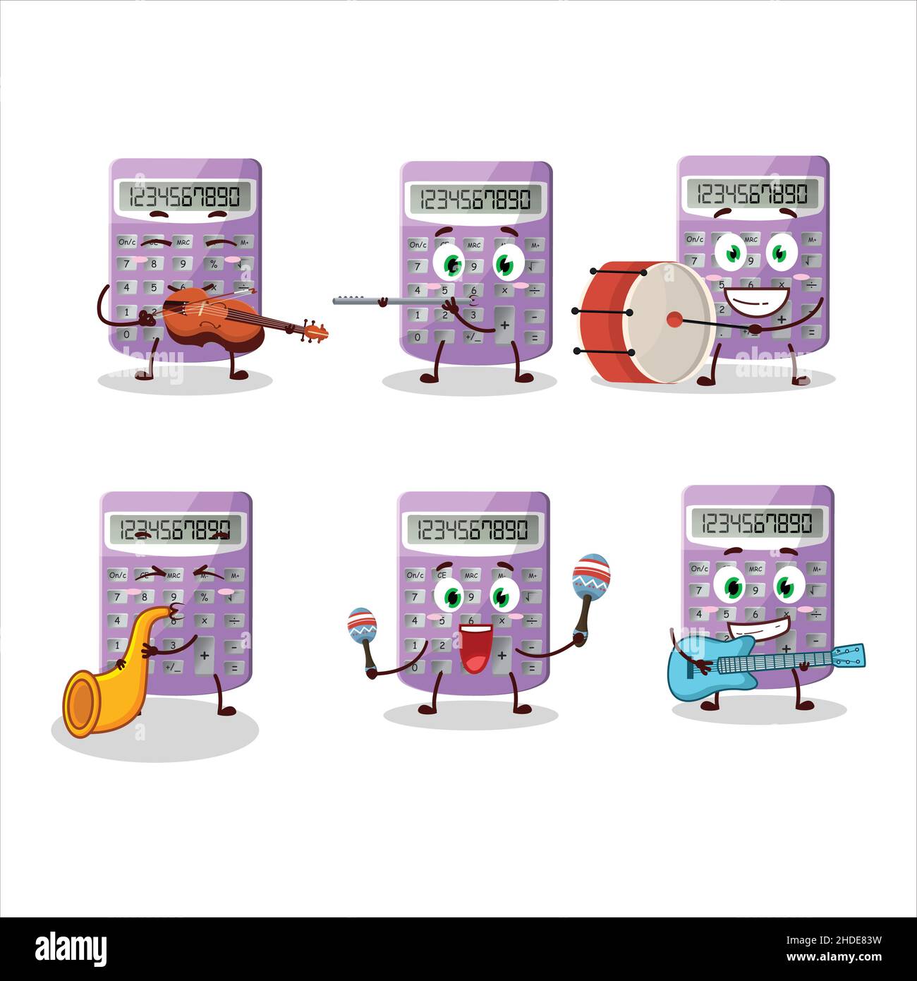 Cartoon character of purple calculator playing some musical instruments